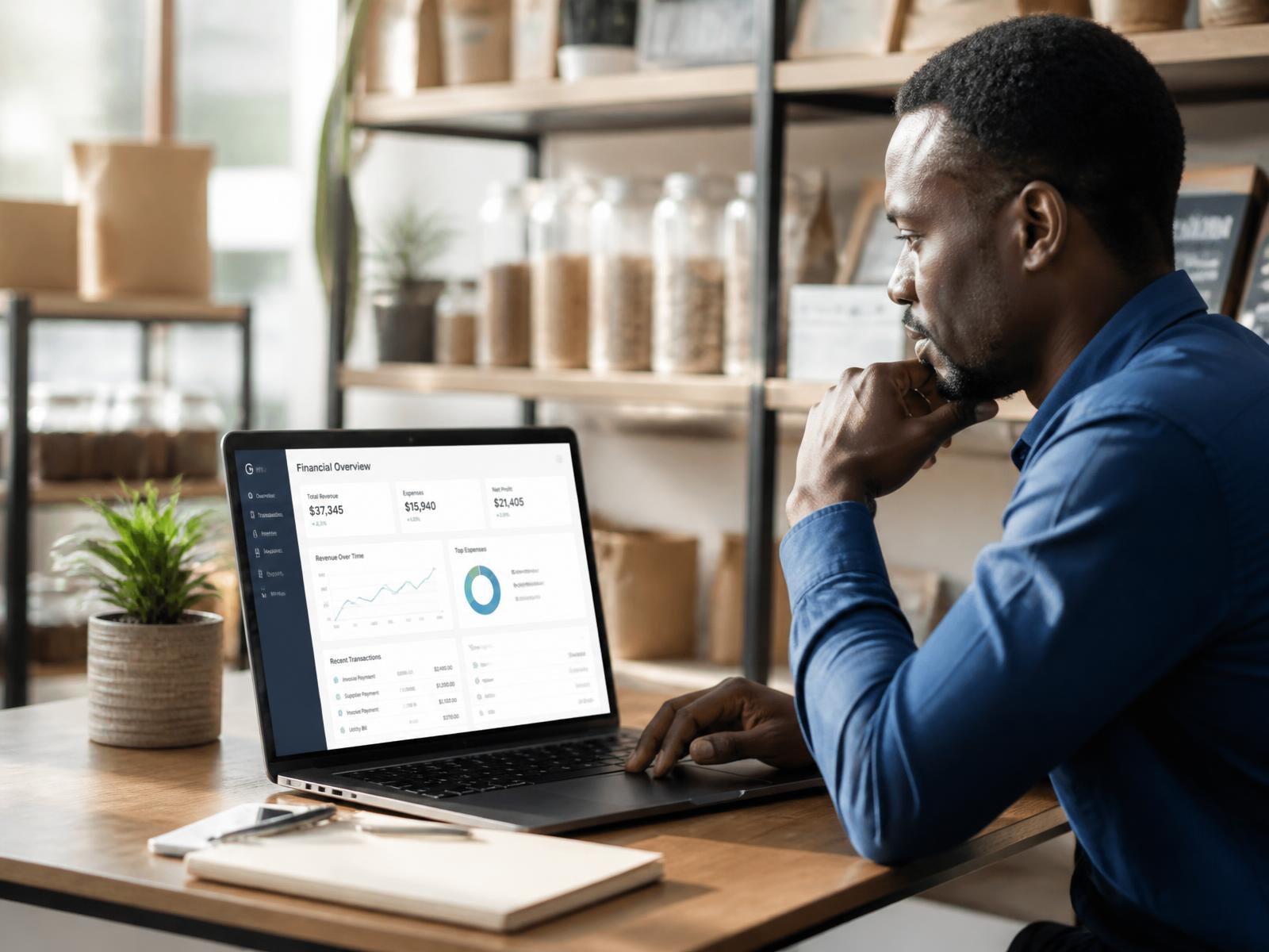 Business owner reviewing financial records