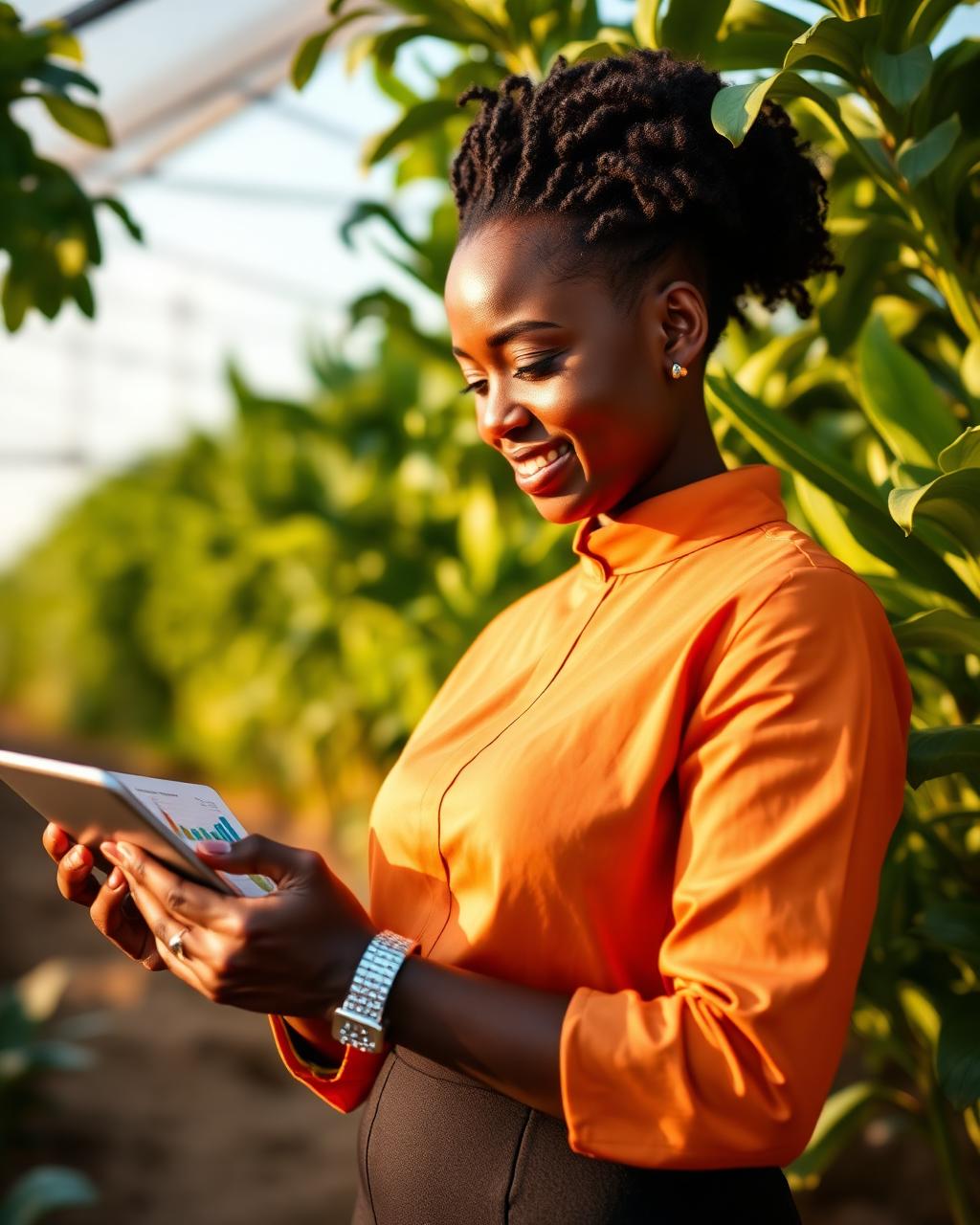 Nigerian woman agribusiness entrepreneur reviewing a finance dashboard on a tablet in her thriving farm